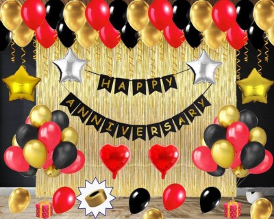 Magic Balloons Solid Pack of 56 pcs Anniversary Decoration Kit - 1 set of Happy Anniversary Card Banner + 45 pcs of Black , Golden & Red Metallic Balloons + 2 pcs of Golden Curtain +2 pcs of Red Heart Foil + 4 pcs of Gold & Silver Star Foil + Balloon pump & Curling Ribbon Balloon Balloon(Multicolor,