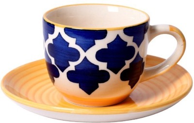 Unravel India Pack of 1 Ceramic Moroccan handpainted ceramic Cup Saucer(Set of 6)(Multicolor, Cup)