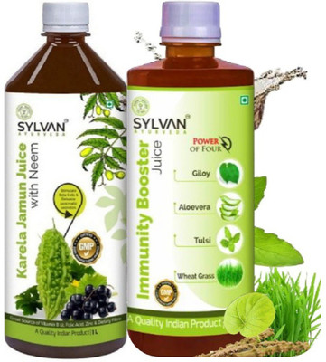 SYLVAN AYURVEDA IMMUNITY BOOSTER JUICE 500ML + KARELA JAMUN JUICE WITH NEEM 1L I VALUE PACK OF 2(2 x 1 L)