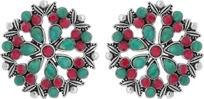 Stefan Oxidised Peacock Red and Green Kundan Floral Stud Earrings Crystal Alloy Stud Earring