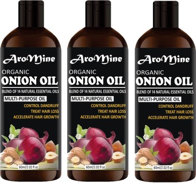 AroMine Organic ONION Herbal Hair Oil - Blend of 14 Natural Oils for Hair Regrowth, Treat hair loss, Dandruff Control & Thickens hair( 60 ml)-Pack of 3-Bottle- Hair Oil(180 ml)