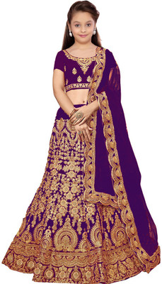 Aayan Export Girls Lehenga Choli Ethnic Wear Embroidered Lehenga, Choli and Dupatta Set(Purple, Pack of 1)