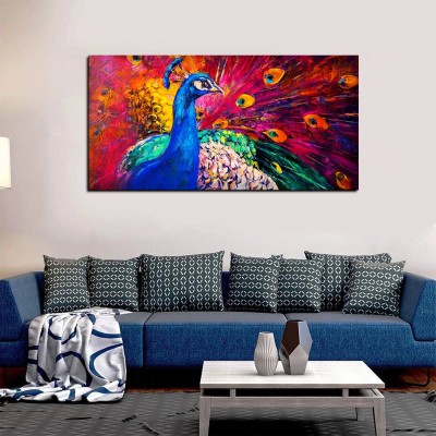 VIBECRAFTS Premium Canvas Wall Painting of Beautiful Peacock for Home|Office|Gift(PTVCH_2201) Canvas 24 inch x 48 inch Painting(With Frame)