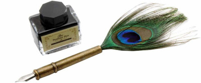 FRKB Retro Style 0.5mm Fine Nib Peacock Feather Quill Dip Pen for Calligraphy(Ink Color - Black)