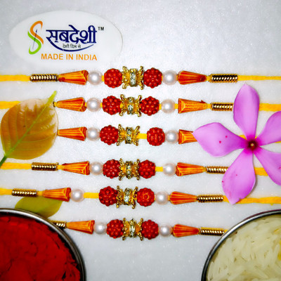 Sabdeshi Religious 6 Pieces rakhi set with Roli and Rice Mauli Thread Envelope  Set(6 Pieces rakhi set with 1 Pack Roli and Rice)