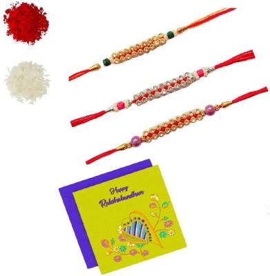 One Trade India Designer Rakhi Combo 3 with Roli Rice and Rakhi Card for Brother Bhabhi Kids Girls Boys, Rakhi Bracelet Set for Sister, Rakhi Gift for Brother Combo Mauli Thread Chawal Roli Pack, Greeting Card, Rakhi  Set(3 Rakhi ,Roli Chawal,1 Greating Card)