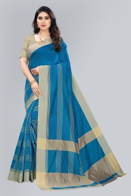 kirz web store Striped Bollywood Cotton Blend Saree(Light Blue)