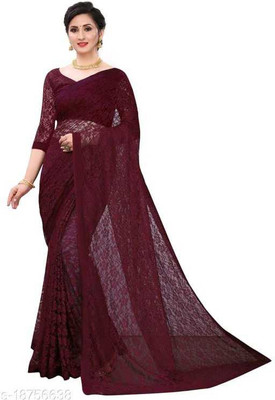 bv design Self Design Lucknow Chikankari Net Saree(Maroon)