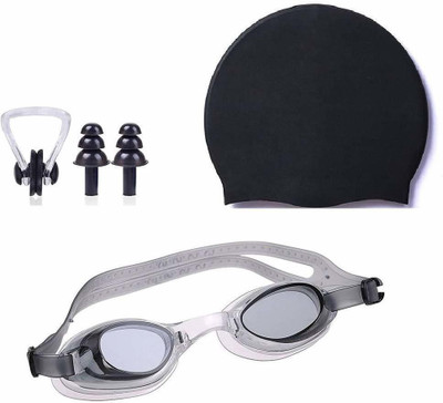 LIFE HUB Swimming Set, Swimming Combo Set For (Swim Cap/swimmingGoggle/earplugs/noseclip) Swimming Cap(Black)