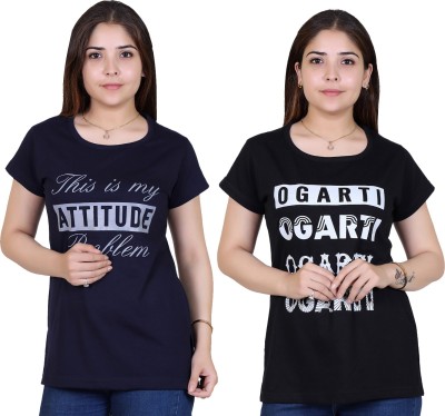 Ogarti Printed Women Round Neck Dark Blue T-Shirt