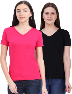 Fleximaa Solid Women V Neck Multicolor T-Shirt