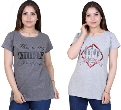 Ogarti Printed Women Round Neck Grey T-Shirt