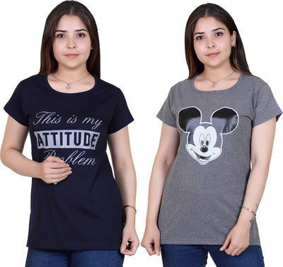 Ogarti Printed Women Round Neck Dark Blue T-Shirt