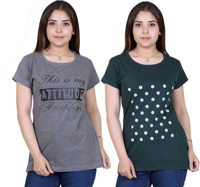 Ogarti Printed Women Round Neck Grey T-Shirt