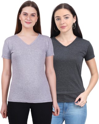 Fleximaa Solid Women V Neck Grey T-Shirt