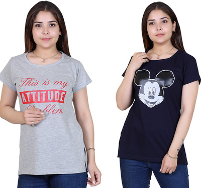 Ogarti Printed Women Round Neck Grey T-Shirt