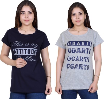 Ogarti Printed Women Round Neck Black, Grey T-Shirt