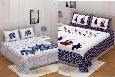 KAANY FAB 104 TC Cotton Double Jaipuri Prints Flat Bedsheet(Pack of 2, Blue, White)