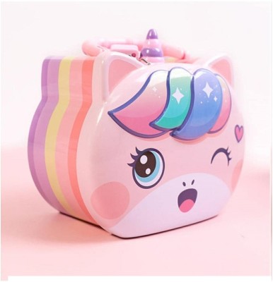 madago Cute Cartoon Unicorn Printed Metal Coin Bank Piggy Bank for Kids with Lock and Key Coin Bank Coin Bank(Pink)