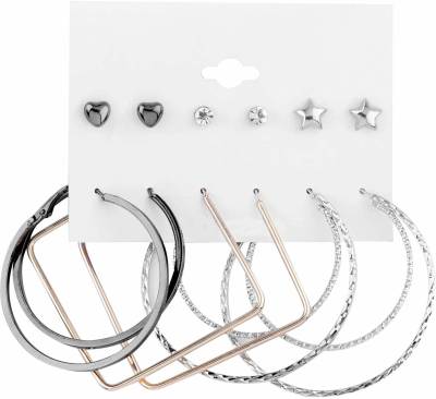 Silver Shine Stylish Fashion Earring Combo 3 Bali With 3 Studs Set For Women Girls Alloy Hoop Earring