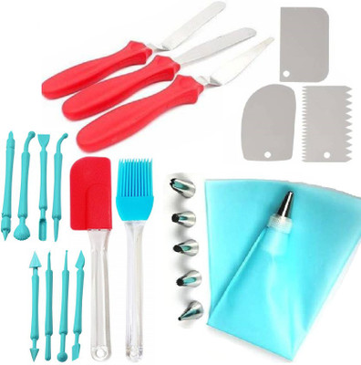VAAMnational Multi-Function Stainless Steel Cake Icing Spatula Knife Dough Scraper Cake Cutter, Chopper, Smoother Icing Fondant Cake Decorating Pastry Baking Smoother & Polisher Piping Bag Nozzles Cake Decorating Tool Set Frosting Icing Cream Syringe Piping Bag Silicone Spatula and Oil Brush Set Kit