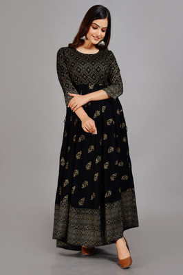 pingksh Women Printed Anarkali Kurta(Black)