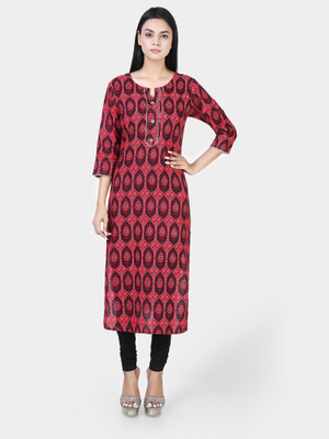 Jevi Prints Women Printed Straight Kurta(Red, Black)