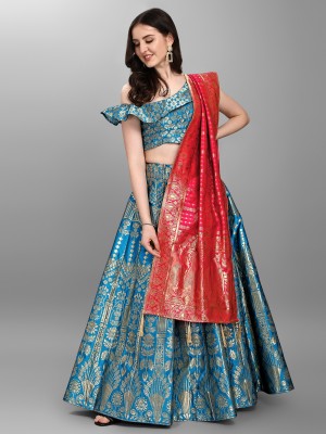 PURVAJA Printed Semi Stitched Lehenga Choli(Blue)