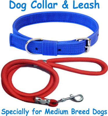 ADIOS Nylon Dog Belt Combo of Blue Dog Collar with Red Lead 1.2m Lengthy Dog Collar & Leash(Medium, Blue Red)
