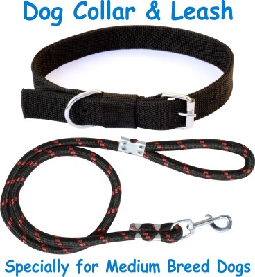 ADIOS Nylon Dog Belt Combo of Black Dog Collar with Black Lead 1.5m Lengthy Dog Collar & Leash(Medium, Multi-color)