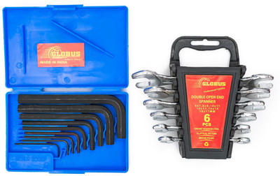 Globus 829.DOUBLE OPEN SPANNER RECESSED SET/6 PCS CHROME MATT FINISH IN RAKE AND ALLEN KEY SET/ 9PCS Hand Tool Kit(2 Tools)
