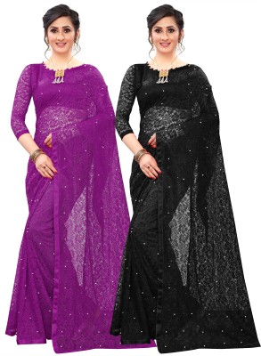 SURANI BROTHERS Self Design Bollywood Net Saree(Pack of 2, Purple, Black)