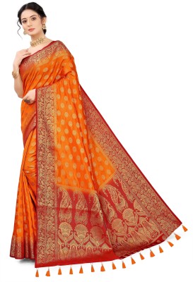 sareesiya creation Woven Banarasi Cotton Silk Saree(Orange)