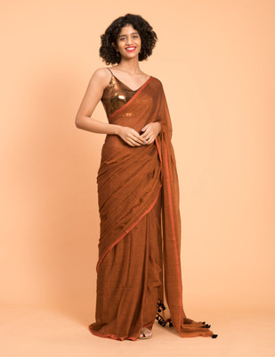 Suta Solid/Plain Daily Wear Pure Cotton Saree(Brown)