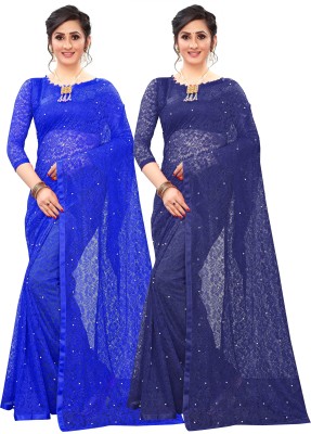 LOROFY Self Design Bollywood Net Saree(Pack of 2, Dark Blue, Blue)