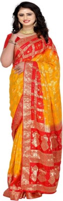 MINE CHOICE Woven, Checkered Bandhani Silk Blend, Jacquard Saree(Red, Gold)