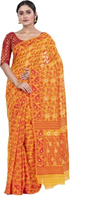 DipDiya Self Design, Embellished, Woven Jamdani Cotton Linen Saree(Yellow)