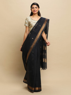 Manvish Drapes Woven Chettinadu Pure Cotton Saree(Black)