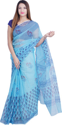 PANVI Printed Kota Doria Cotton Linen Saree(Blue)
