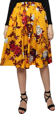 Aniyank Floral Print Women Flared Yellow Skirt