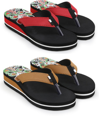 Feens Women Flip Flops(Red, Brown , 7)