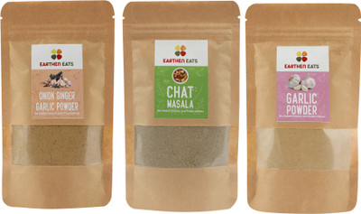 Earthen Eats Onion Ginger Garlic Powder + Chaat Masala + Garlic Powder Combo | Nett Wt. 70 gm + 90 gm + 90 gm | Fresh & Pure (Refill)(3 x 83.33 g) Earthen Eats Onion Ginger Garlic Powder + Chaat Masala + Garlic Powder Combo | Nett Wt. 70 gm + 90 gm + 90 gm | Fresh & Pure (Refill)(3 x 83.33 g)