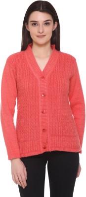 Ozarro Self Design V Neck Casual Women Pink Sweater