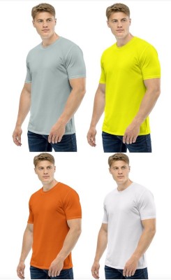 CLOTHINKHUB Solid Men Round Neck White, Orange, Grey, Yellow T-Shirt