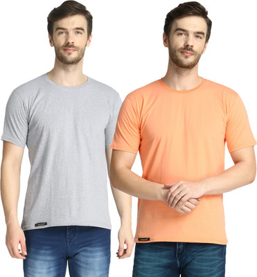 Diwazzo Solid Men Round Neck Orange, Grey T-Shirt