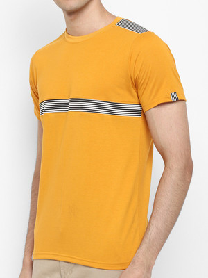 BUKKL Striped Men Round Neck Yellow T-Shirt