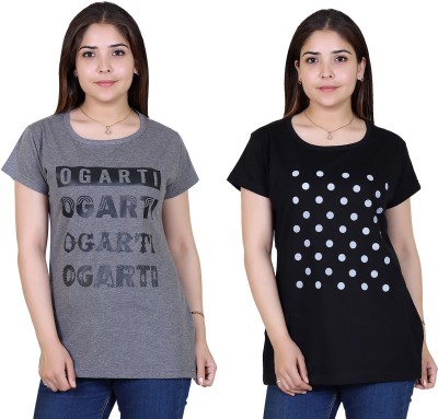 Ogarti Printed Women Round Neck Black, Grey T-Shirt