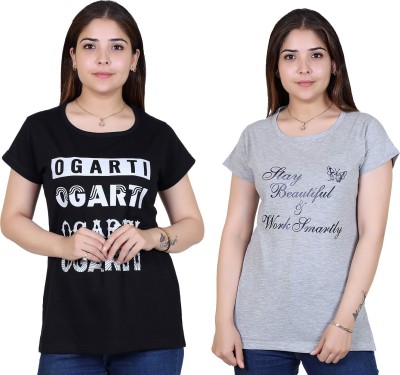 Ogarti Printed Women Round Neck Black, Grey T-Shirt