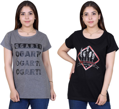 Ogarti Printed Women Round Neck Black T-Shirt