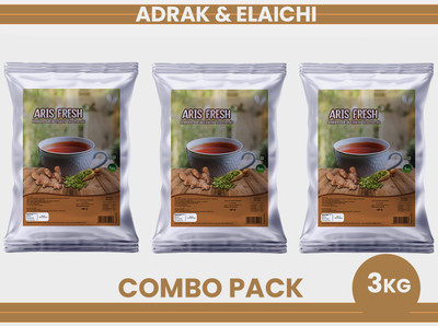 Aris fresh Instant Ginger Cardamom Tea Premix - Combo Pack | 3 Kg |Pack of 3 x 1 Kg | Makes 255 Cups | Suitable for all Vending Machines | Milk not required| Rich taste as Home Made | For Manual Use – Just Add Hot Water Instant Tea Pouch (3 kg) Cardamom, Ginger Instant Tea Pouch(3 x 1 kg)